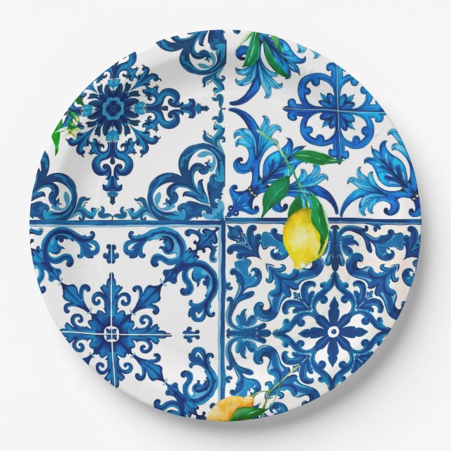 Assiettes En Carton style italien, méditerranéen, mosaïque, bleu, citr (Devant)