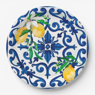 Assiettes En Carton style italien, mosaïque, bleu, citron,