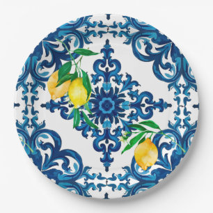 Assiettes En Carton style italien, mosaïque, bleu, citron,