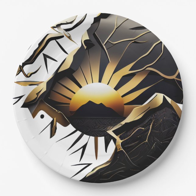 Assiettes En Carton Style Kintsugi noir et or Sunrise (Devant)