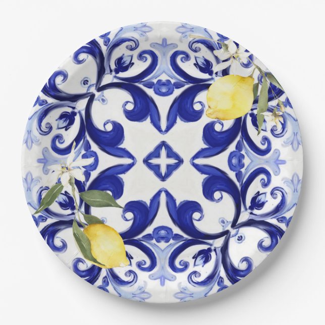 Assiettes En Carton style sicilien, citrons, majolica (Devant)