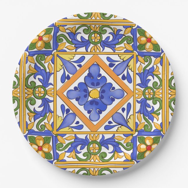 Assiettes En Carton style sicilien, majolica, été, motif coloré   (Devant)