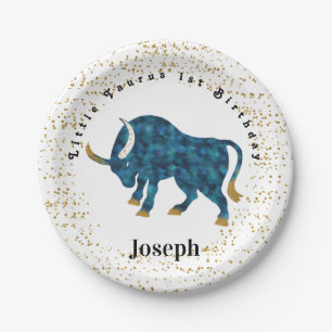 Assiettes En Carton Style Taurus 1er Anniversaire & Gold Confetti
