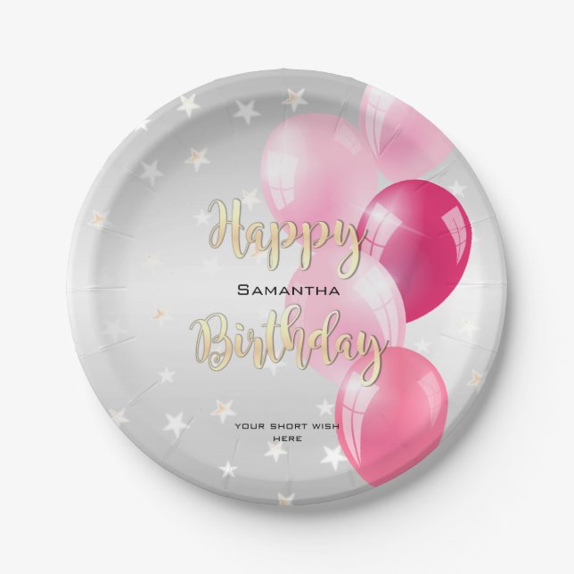 Assiettes En Carton Stylish Starry Joyeux anniversaire et ballons rose (Devant)