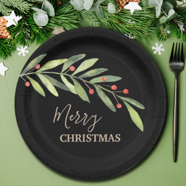 Assiettes En Carton Succursales de baies sur Noël noir (Créateur téléchargé)