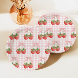 Assiettes En Carton Sucré aux fraises Anniversaire Gingham rose
