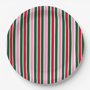 Assiettes En Carton Sucre de canne de Noël rayures en rose vert et rou