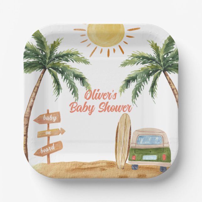 Assiettes En Carton Summer Boho Surf Plage Van Baby shower (Recto)