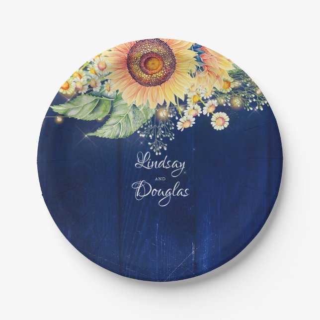 Assiettes En Carton Sunflower Daisies Bébé's Breath Navy Bleu Rustique (Devant)