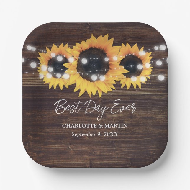 Assiettes En Carton Sunflower Rustic Wood String Mariage (Recto)