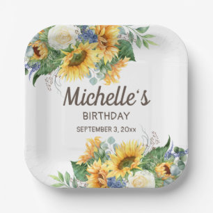 Assiettes En Carton Sunflowers Eucalyptus Anniversaire Nom de la fête 