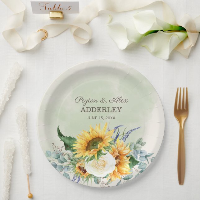 Assiettes En Carton Sunflowers Eucalyptus Feuilles Réception de mariag (Mariage)