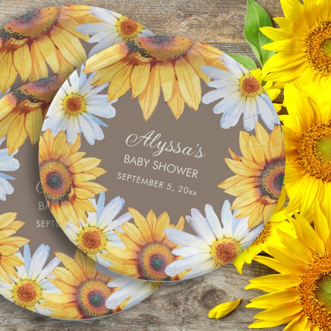 Assiettes En Carton Sunflowers White Daisies Baby shower Brown (Sunflowers and white daisies on brown custom baby shower paper plates. )