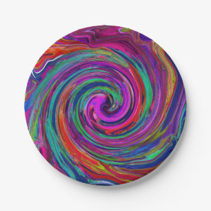 Assiettes En Carton Super Abstrait Retro Magenta Dark Rainbow Swirl