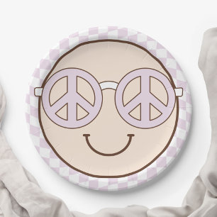 Assiettes En Carton Super fille À damiers visage heureux   Anniversair