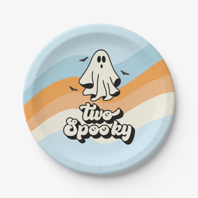 Assiettes En Carton super Ghost retro Halloween Deux bleu Éffrayant (Devant)