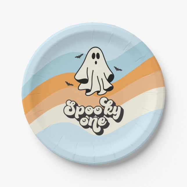 Assiettes En Carton super Ghost retro Halloween Éffrayant One Blue (Devant)