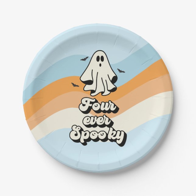 Assiettes En Carton super Ghost retro Halloween Quatre jamais Éffrayan (Devant)