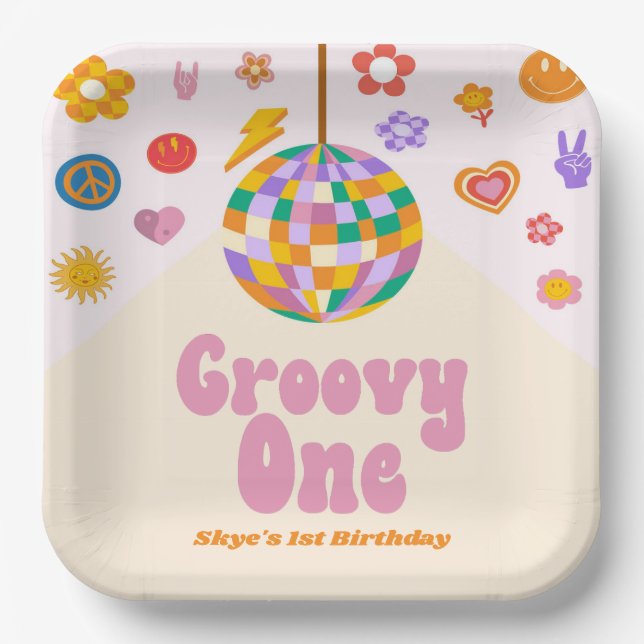 Assiettes En Carton Super One Retro Disco Ball 1er anniversaire (Recto)
