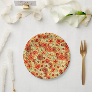 Assiettes En Carton Super Retro Orange Hippie Fleurs Motif