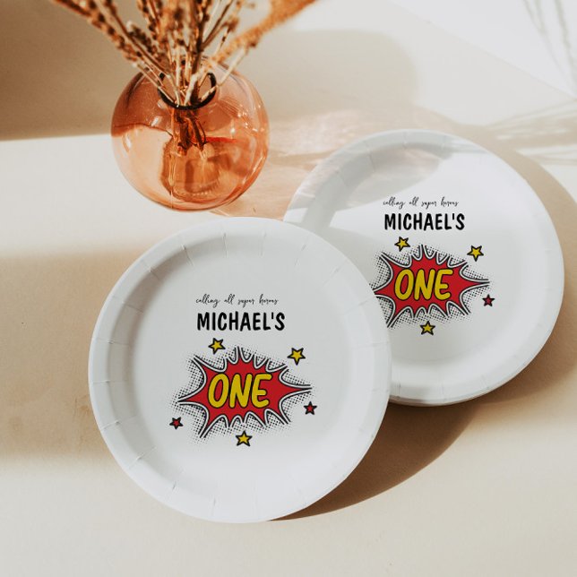 Assiettes En Carton Superhero dynamique 1er anniversaire (Créateur téléchargé)