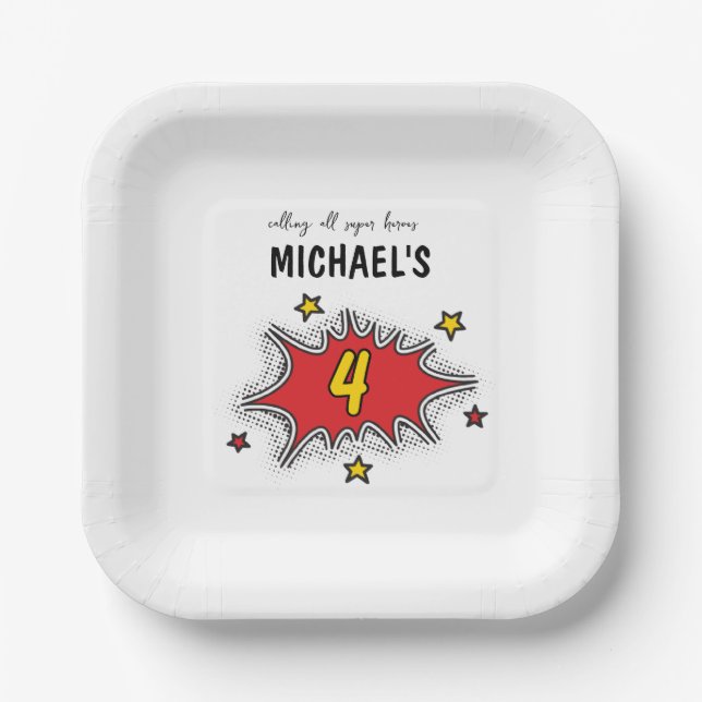 Assiettes En Carton Superhero dynamique 4e anniversaire (Recto)