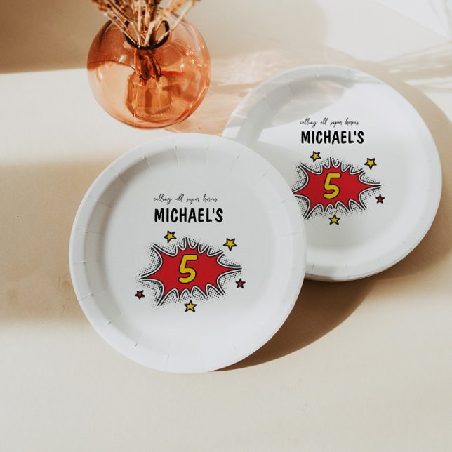 Assiettes En Carton Superhero dynamique 5e anniversaire (Créateur téléchargé)