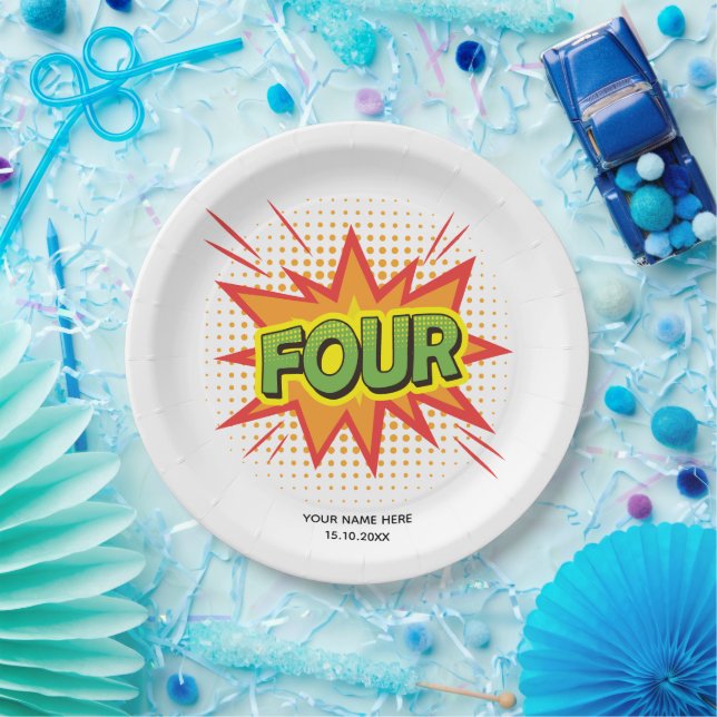Assiettes En Carton Superhero Thème enfants Élégant 4ème anniversaire  (Fête)