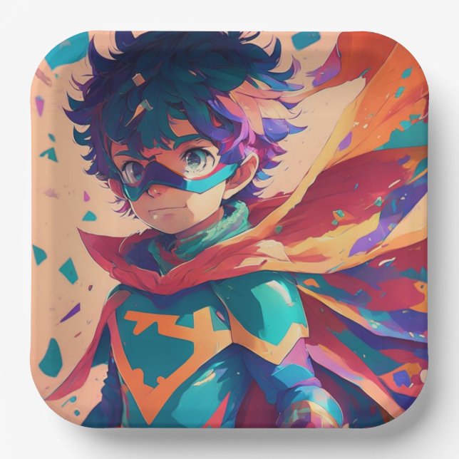 Assiettes En Carton Superhéros de l'Anime bleu et rouge (Recto)