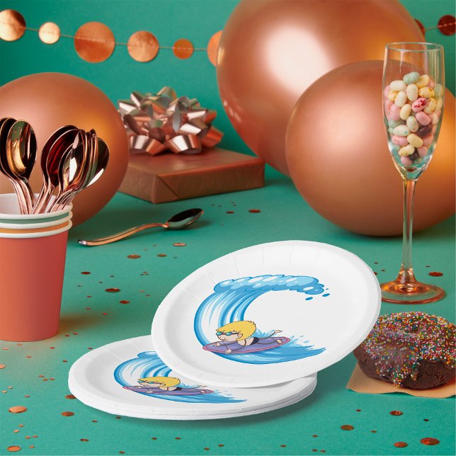 Assiettes En Carton Surfing Boy Blue Wave Paper Plates (Créateur téléchargé)