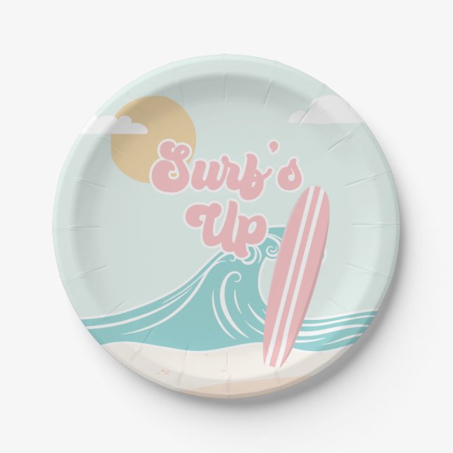 Assiettes En Carton Surfs Up Pink Beach Plaques de papier d'anniversai (Devant)