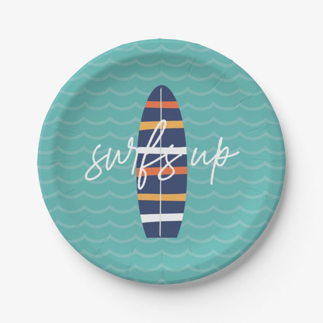 Assiettes En Carton Surfs Up surboard et vagues Anniversaire (Devant)