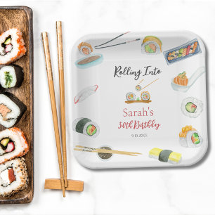 Assiettes En Carton Sushi et sashimi d'anniversaire aquarelle blanc