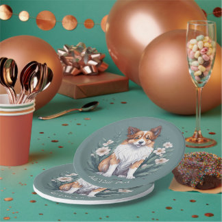 Assiettes En Carton Süßer Collie umringt von Blumen - 