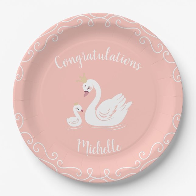 Assiettes En Carton Swans Baby shower Oiseau avec héritier (Devant)