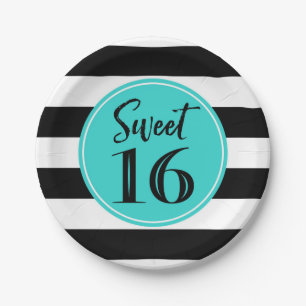Assiettes En Carton Sweet 16 Anniversaire de fête Turquoise Blancs