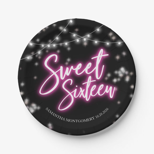 Assiettes En Carton Sweet 16 Anniversaire Hot rose Neon Party (Devant)