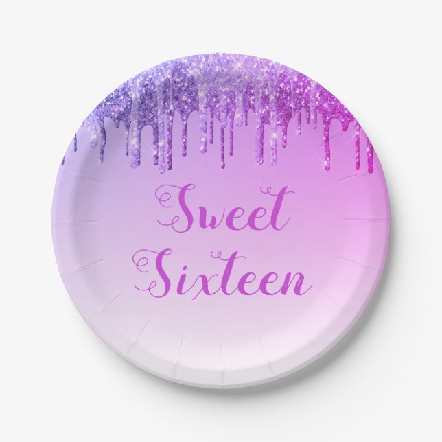 Assiettes En Carton Sweet 16 Anniversaire Parties scintillant violet é (Devant)