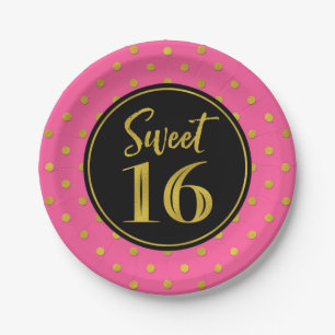 Assiettes En Carton Sweet 16 Anniversaire Pink Black Gold Dots