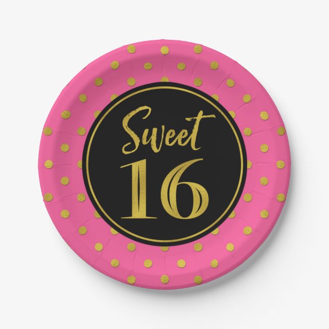 Assiettes En Carton Sweet 16 Anniversaire Pink Black Gold Dots (Devant)
