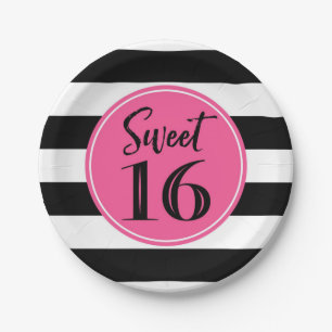 Assiettes En Carton Sweet 16 Anniversaire Soirée Rose Noir Blancs
