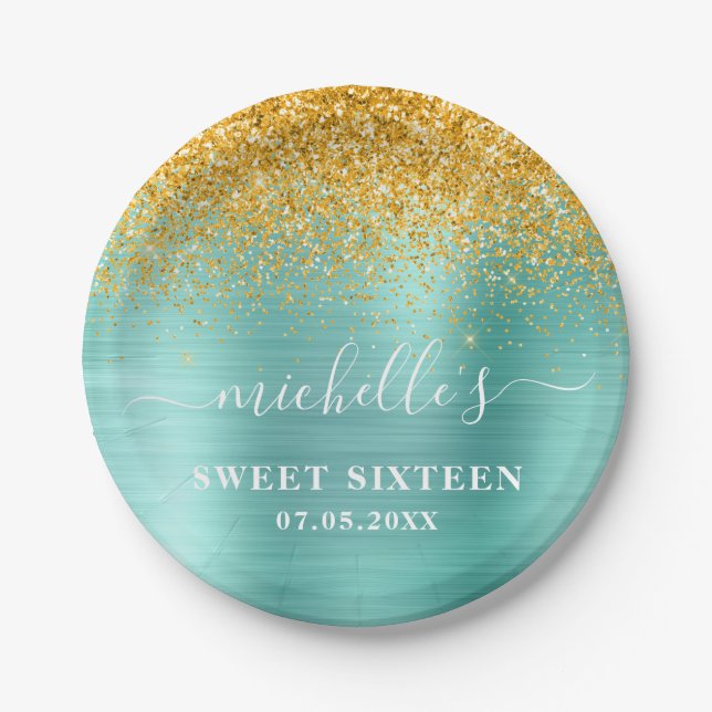 Assiettes En Carton Sweet 16 Anniversaire Turquoise Parties scintillan (Devant)