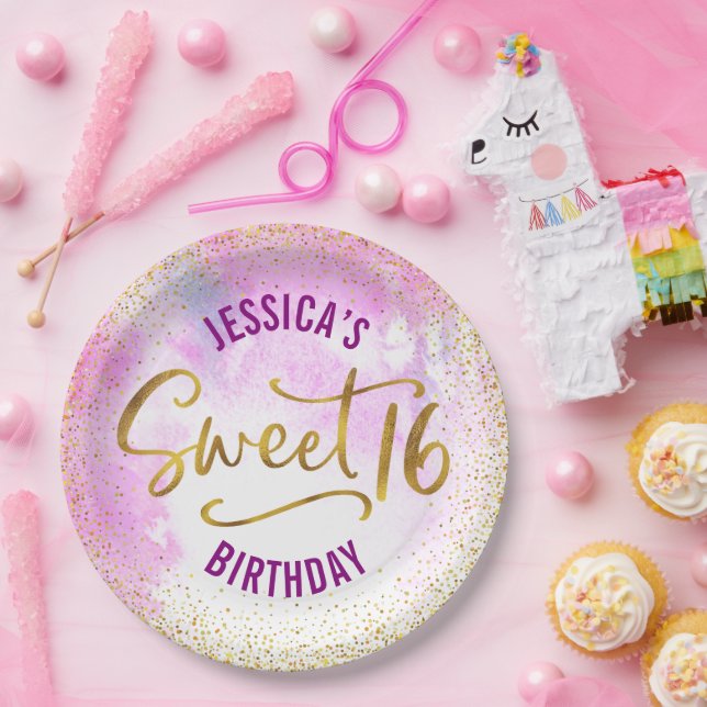 Assiettes En Carton Sweet 16 Aquarelle rose Or Glam Girly Anniversaire (Fête)