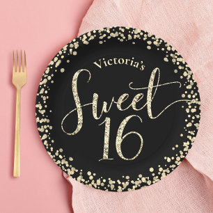 Assiettes En Carton Sweet 16 Black Gold Parties scintillant Confetti C
