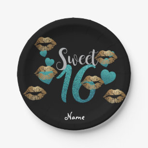 Assiettes En Carton Sweet 16 Black Turquoise Gold Parties scintillant 