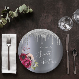 Assiettes En Carton Sweet 16 fête argent floral bordeaux