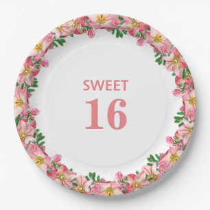 Assiettes En Carton Sweet 16 Fleur Rose Garland sur blanc