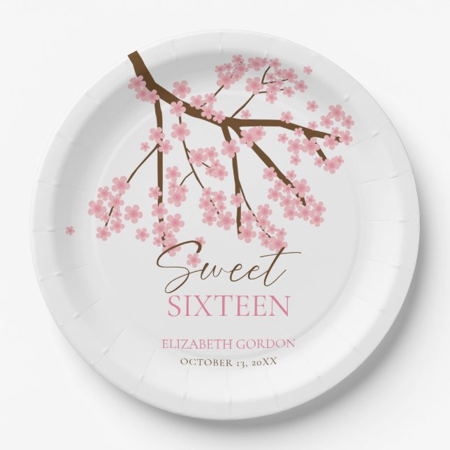 Assiettes En Carton Sweet 16 Fleurs de cerisiers Anniversaire Printemp (Devant)