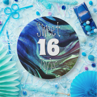 Assiettes En Carton Sweet 16 Green & Blue Marble Personalized