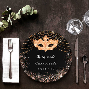 Assiettes En Carton Sweet 16 Masquerade parties scintillant en or noir